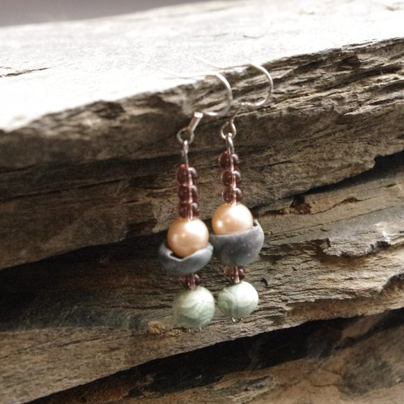 Boho Dangle Beaded Earrings with Pearls and Handmade Polymer Clay Beads - Picture 6 of 6